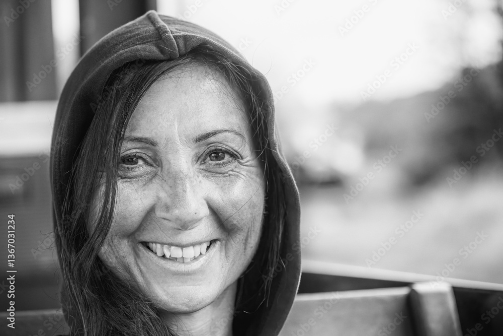 Happy woman on a vintage train