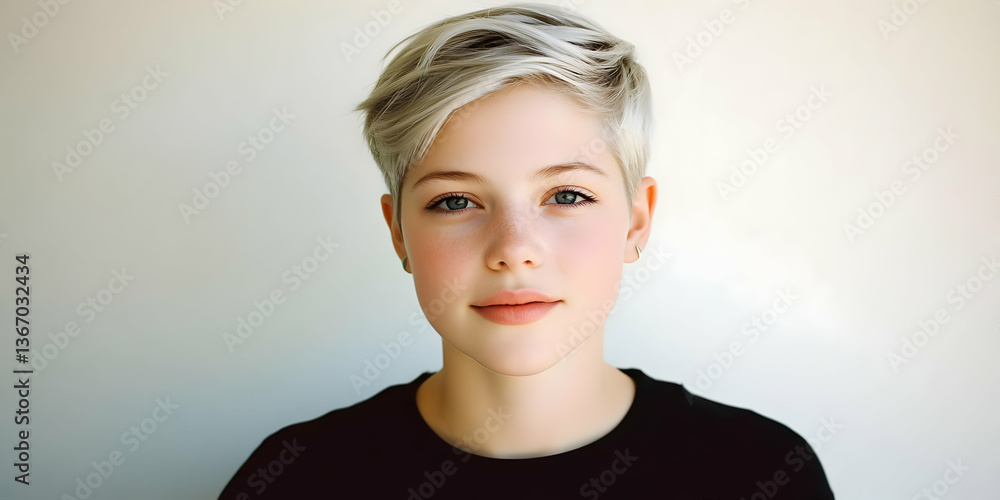Fototapeta premium Photo of Young Blonde Woman Portrait with Black Top and White Background