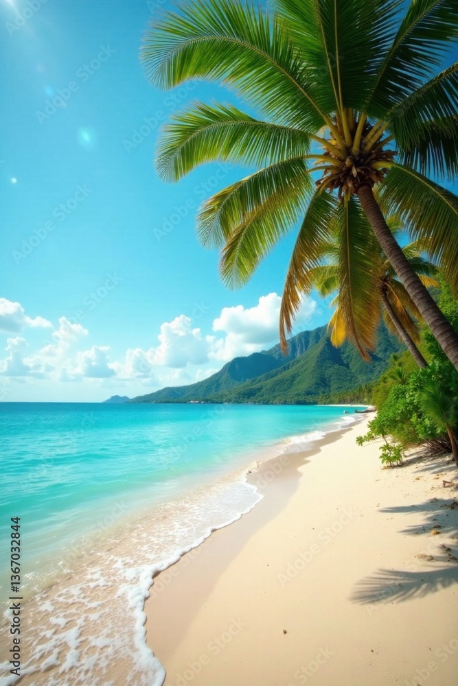 Obraz premium Warm sand beneath sun-kissed palm trees, turquoise waters lap at the shore , island, kayak, water