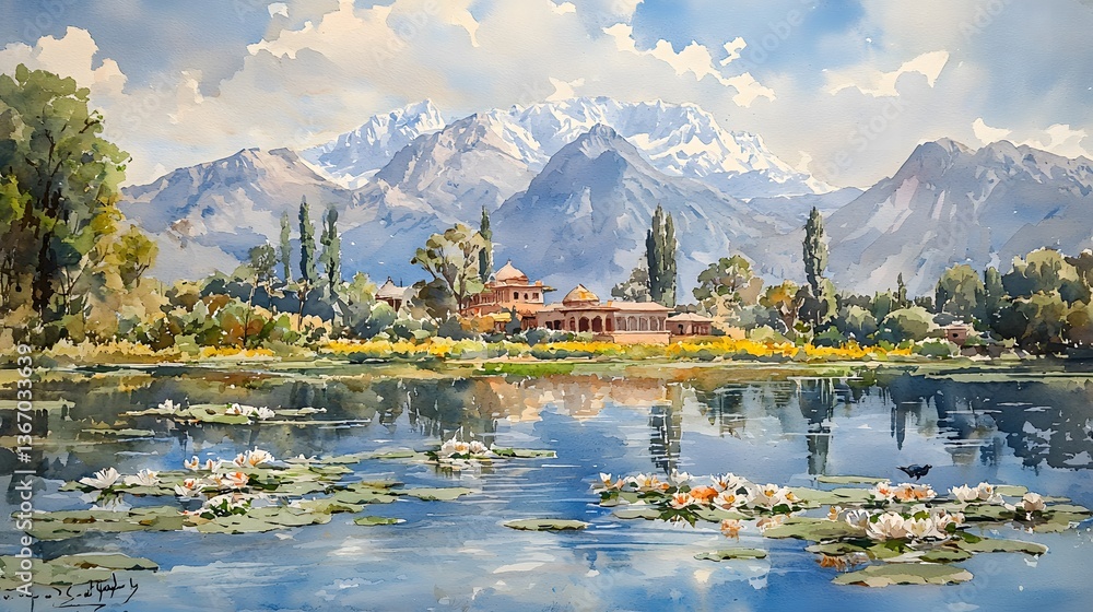 Fototapeta premium Mountain lake view with palace and water lilies