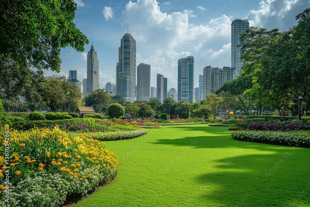 Urban park with flowers and skyscrapers. Lush green grass and colorful flowers in a city park setting, with modern skyscrapers in the background. A tranquil urban oasis Urban park with flowers and skyscrapers. Lush green grass and colorful flowers in a city park setting, with modern skyscrapers in the background. A tranquil urban oasis