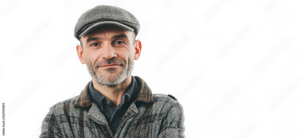 Confident Man in a Stylish Cap and Cozy Sweater Against a Bright Background Confident Man in a Stylish Cap and Cozy Sweater Against a Bright Background