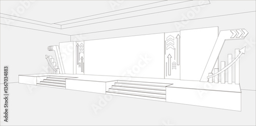 3d illustration stage backdrop LED screen blank space logo company with digital futuristic technology decoration for event show performance. Vector editable sketch outline drawing coloring isolated.