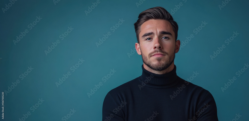 Fototapeta premium Confident Young Man in a Turtleneck Sweater Against a Blue Background