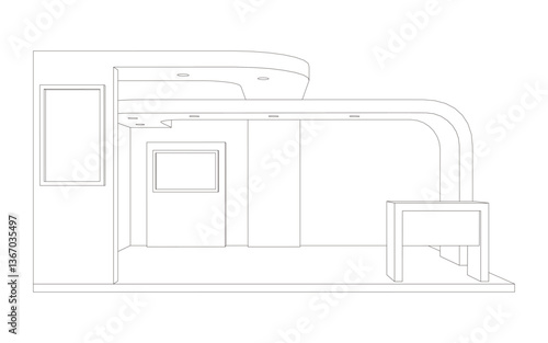 3d illustration stand booth 6x4 m simple minimalis design with blank LED TV screen logo company for event exhibition. Vector editable sketch outline drawing coloring isolated background.