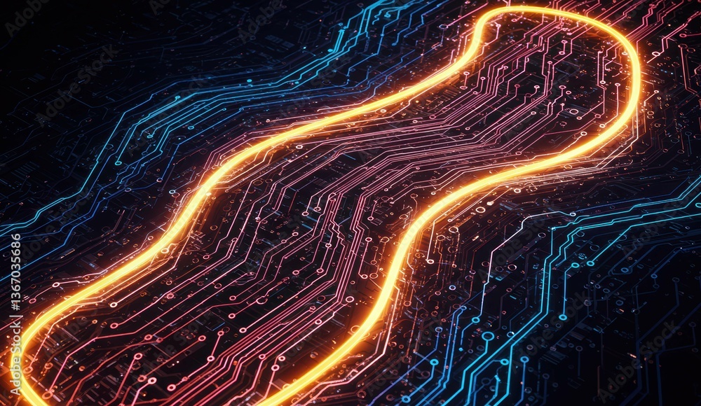 Obraz premium Glowing circuit board illustration features neon lines on a digital background. Concept of technology and innovation.