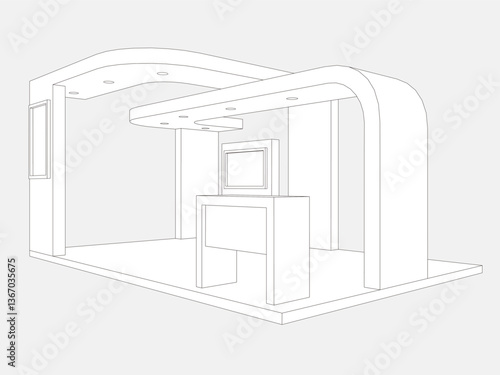 3d illustration stand booth 6x4 m simple minimalis design with blank LED TV screen logo company for event exhibition. Vector editable sketch outline drawing coloring isolated background.
