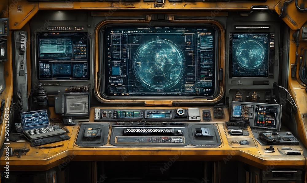Fototapeta premium Advanced Control Panel with Screens and Keyboards in a Yellow Interior