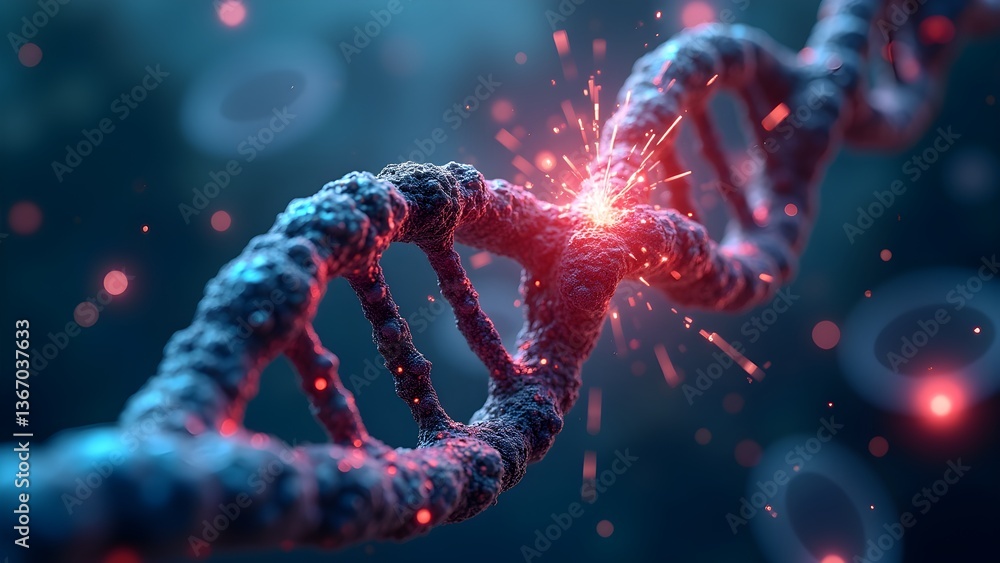 DNA Strand Undergoing Genetic Modification with Red Sparks: Science and Technology Illustration DNA Strand Undergoing Genetic Modification with Red Sparks: Science and Technology Illustration