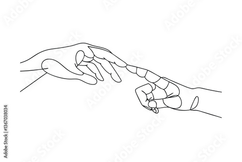 Humanoid Robot Hand and Human Hand Reaching, Line Art