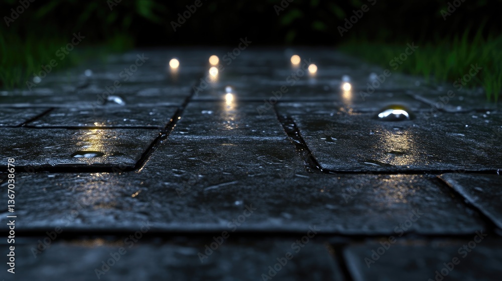 Wet stone path at night, lit by small lights Wet stone path at night, lit by small lights