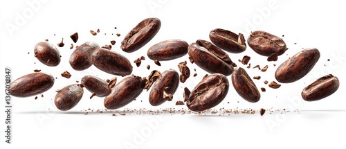 Freshly cracked cocoa beans are falling on a surface