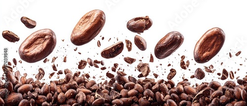 Cocoa beans explode upward in mid air against white background