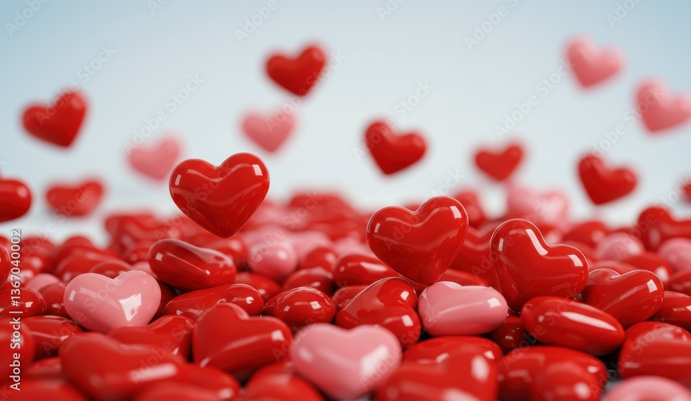 3D red and pink hearts scattered, ideal for Valentine's Day, romantic themes, celebration, joy. 3D red and pink hearts scattered, ideal for Valentine's Day, romantic themes, celebration, joy.