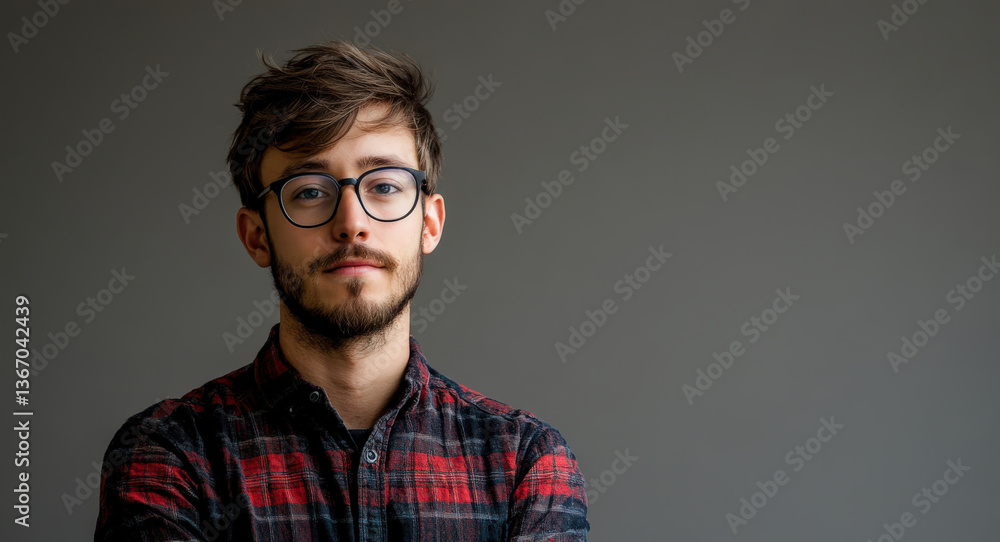 Fototapeta premium Confident Young Man in Casual Attire Against a Neutral Background
