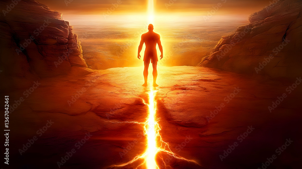 Fototapeta premium Silhouetted Figure Standing In Light On Cracked Ground Photo