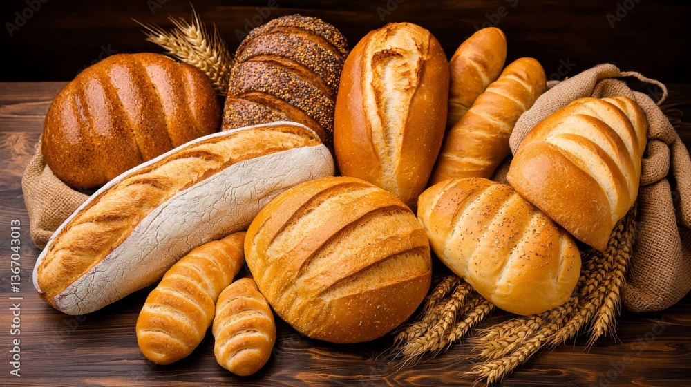 Assorted fresh bread loaves arranged on a wooden table Assorted fresh bread loaves arranged on a wooden table