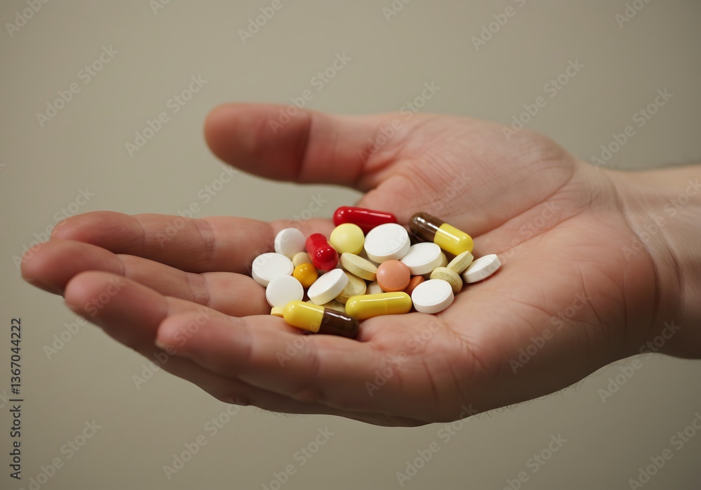 Holding Assorted Pills and Capsules in Hand for Healthcare Concepts Holding Assorted Pills and Capsules in Hand for Healthcare Concepts