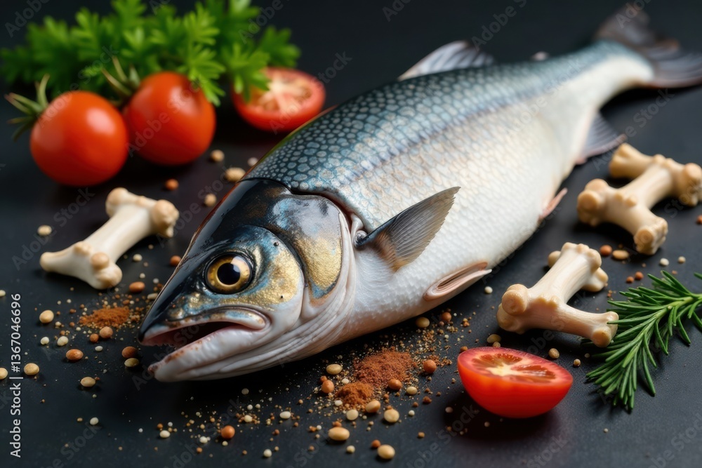 Fish scales and bones on a table , cooking, ingredients Fish scales and bones on a table , cooking, ingredients
