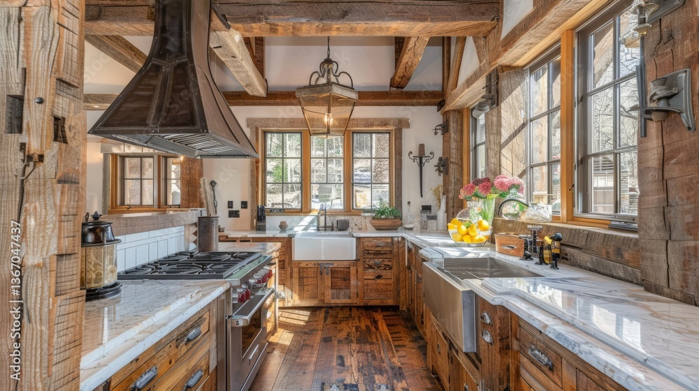 Fototapeta premium Rustic kitchen with wooden beams and farmhouse sink