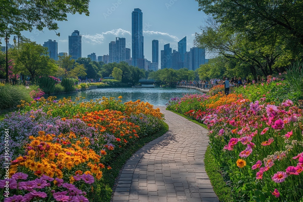 Colorful park path winding to city skyline Colorful park path winding to city skyline