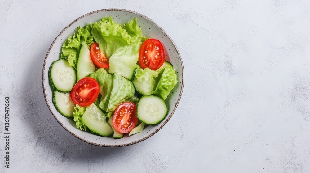 A fresh salad featuring lettuce, cucumber, and tomato in a minimalist bowl against a light background. A fresh salad featuring lettuce, cucumber, and tomato in a minimalist bowl against a light background.
