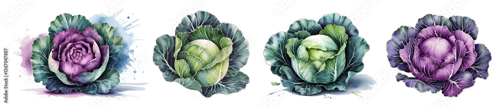 Fototapeta premium Watercolor cabbage painting isolated on a white background, perfect for food, vegetable, and kids story book designs.