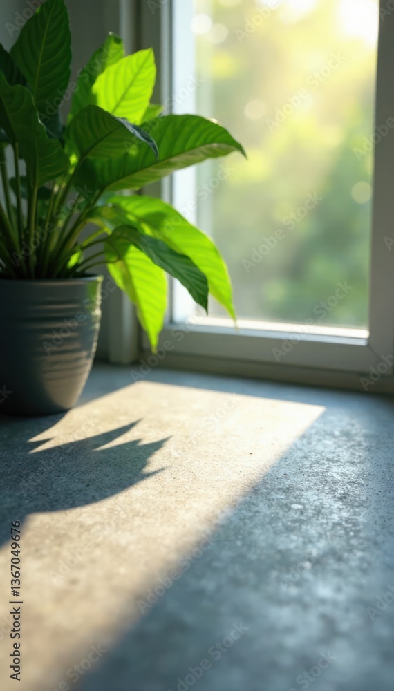 Fototapeta premium Leaf silhouettes against bright sunlight on gray concrete floor, indoor, urban