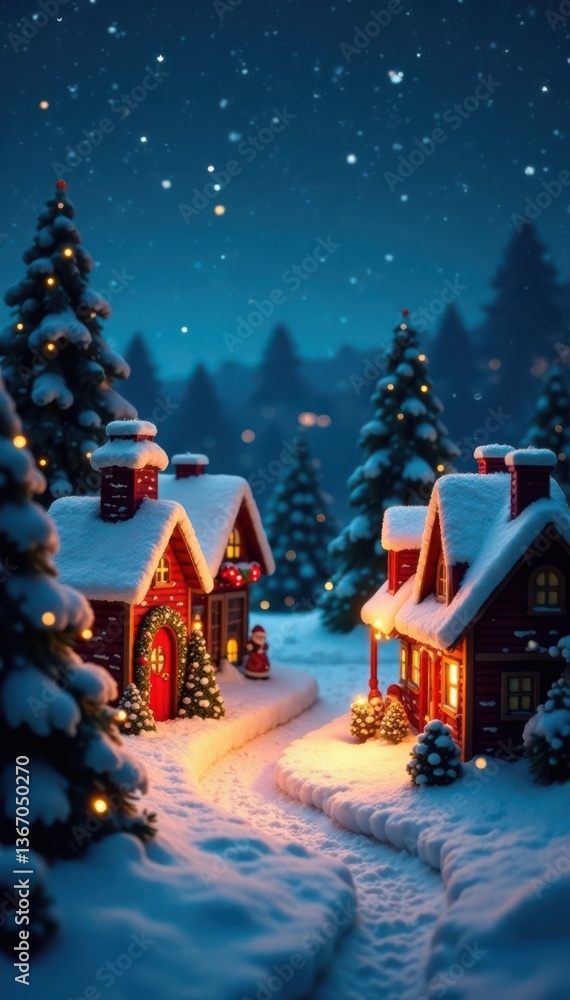 Merry Christmas village scene with decorated houses and lights, village, lights Merry Christmas village scene with decorated houses and lights, village, lights