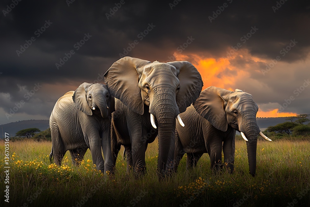 Fototapeta premium Elephants Sunset Savanna