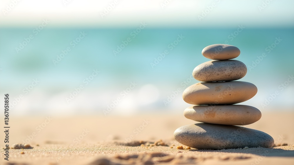 Zen stone stacking on beach. Peaceful beach scene with balanced rocks and ocean backdrop. Zen stone stacking on beach. Peaceful beach scene with balanced rocks and ocean backdrop.