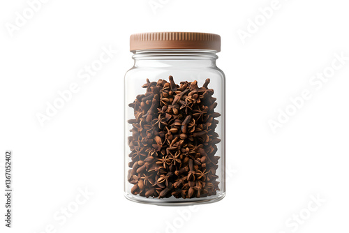 Fototapeta Naklejka Na Ścianę i Meble -  Star anise and cloves in a glass jar spice storage cooking baking