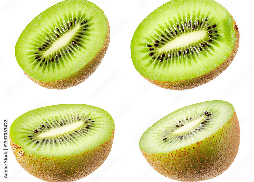 Fototapeta premium Side view, front and back kiwi fruit cut into four pieces, transparent background PNG 
