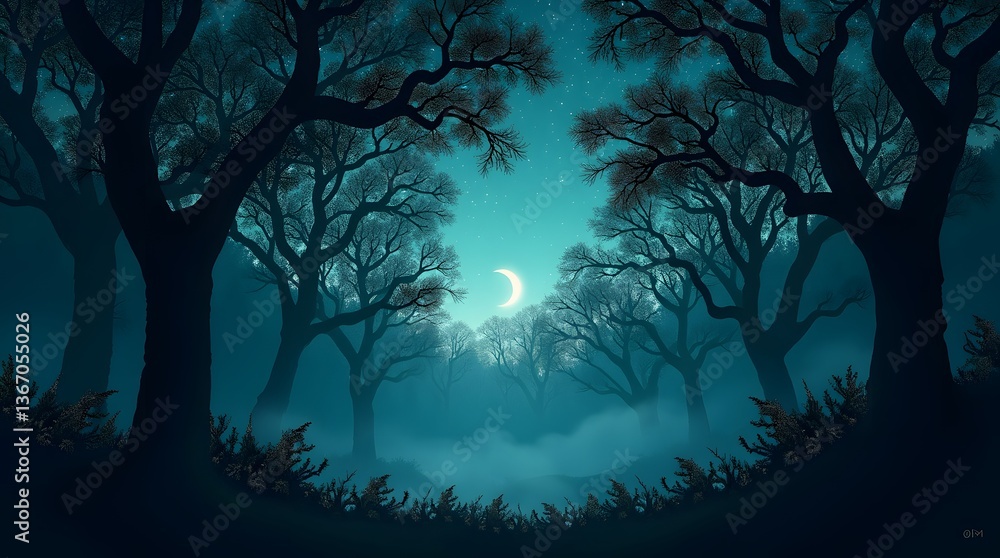 Enchanted moonlit forest scene. Eerie trees frame a glowing crescent moon. Atmospheric, ideal for fantasy or mystical themes. Enchanted moonlit forest scene. Eerie trees frame a glowing crescent moon. Atmospheric, ideal for fantasy or mystical themes.