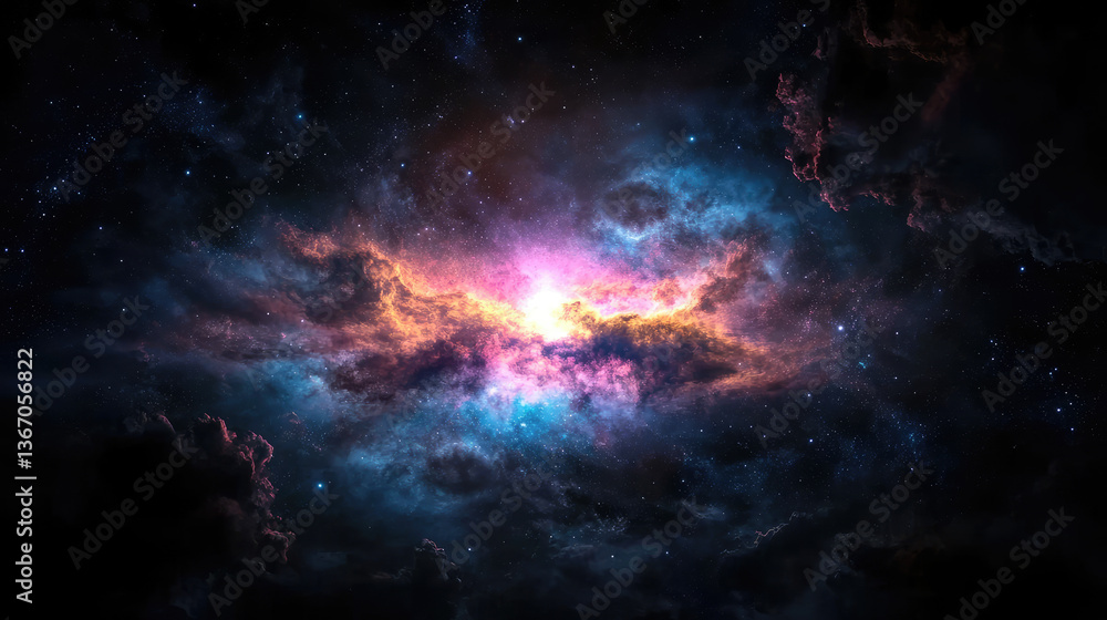 Obraz premium A stunning cosmic scene featuring vibrant colors and swirling clouds, depicting the beauty of deep space and celestial phenomena.