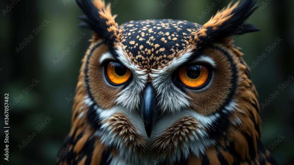 Close-Up Image of Majestic Owl with Striking Orange Eyes in a Forest Setting Close-Up Image of Majestic Owl with Striking Orange Eyes in a Forest Setting