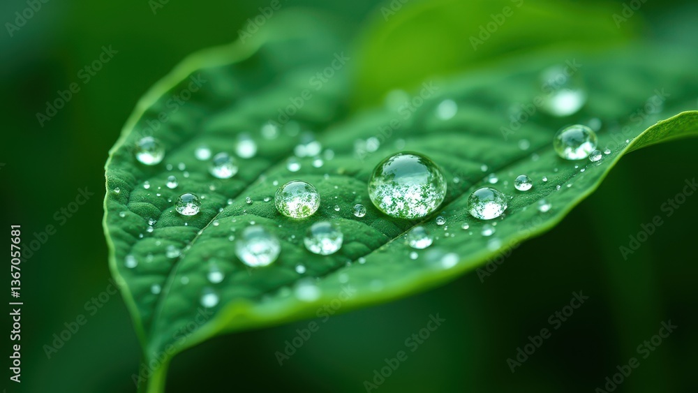 Close-Up of Water Droplets on Green Leaf Showcasing Nature's Beauty and Clarity Close-Up of Water Droplets on Green Leaf Showcasing Nature's Beauty and Clarity
