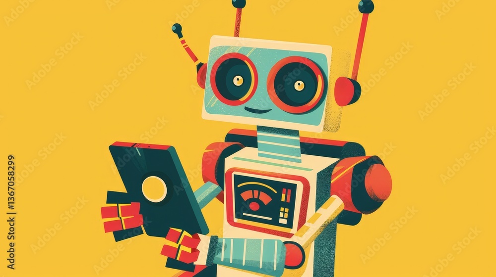 Fototapeta premium Friendly Robot Holding a Tablet on Yellow Background