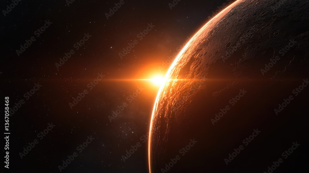 Fototapeta premium A stunning view of a planet's horizon with a bright sunrise illuminating space, surrounded by stars and cosmic beauty.