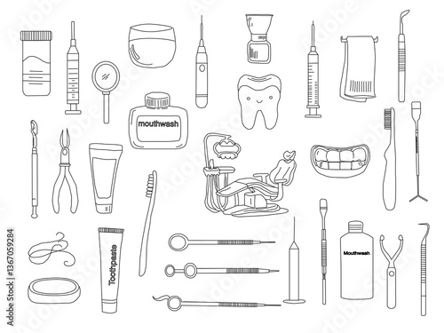 Dental tools. Dental care. Seamless Pattern with Dental Icons. Vector set of design templates and elements for Dental. Seamless patterns with linear icons related to Dental.