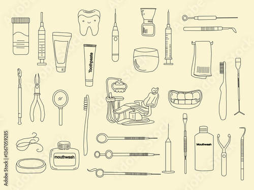 Dental tools. Dental care. Seamless Pattern with Dental Icons. Vector set of design templates and elements for Dental. Seamless patterns with linear icons related to Dental.