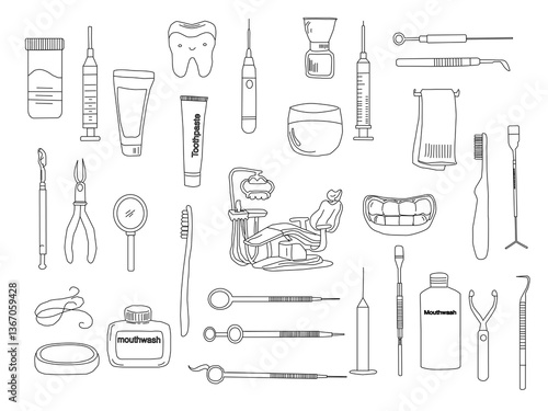 Dental tools. Dental care. Seamless Pattern with Dental Icons. Vector set of design templates and elements for Dental. Seamless patterns with linear icons related to Dental.