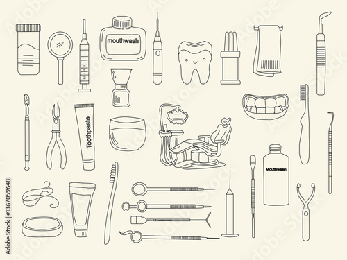Dental tools. Dental care. Seamless Pattern with Dental Icons. Vector set of design templates and elements for Dental. Seamless patterns with linear icons related to Dental.
