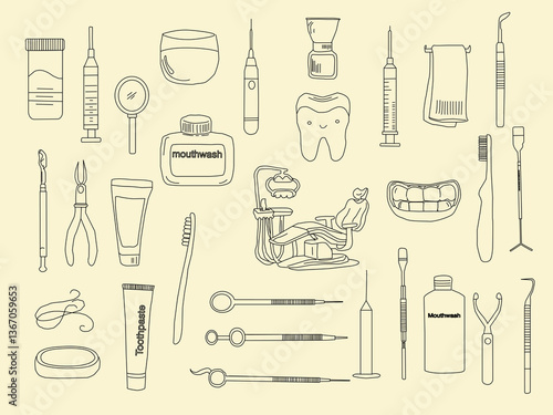 Dental tools. Dental care. Seamless Pattern with Dental Icons. Vector set of design templates and elements for Dental. Seamless patterns with linear icons related to Dental.