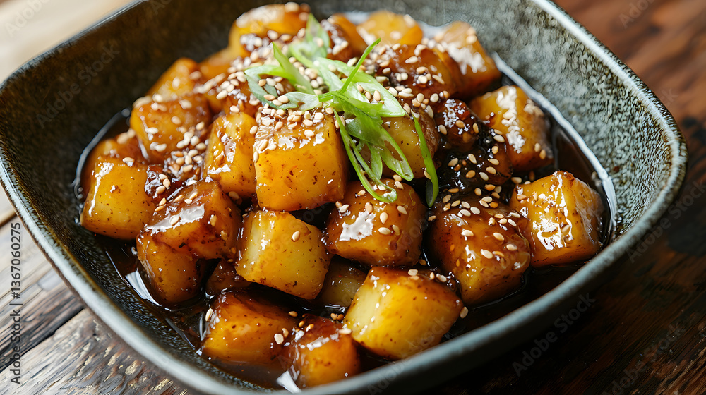 Delicious Cubed Potatoes Braised in Soy Sauce Garnished with Green Onions and Sesame Seeds Delicious Cubed Potatoes Braised in Soy Sauce Garnished with Green Onions and Sesame Seeds