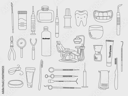 Dental tools. Dental care. Seamless Pattern with Dental Icons. Vector set of design templates and elements for Dental. Seamless patterns with linear icons related to Dental.