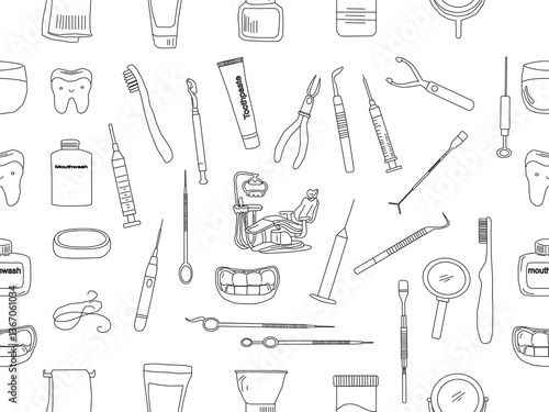 Dental tools. Dental care. Seamless Pattern with Dental Icons. Vector set of design templates and elements for Dental. Seamless patterns with linear icons related to Dental.
