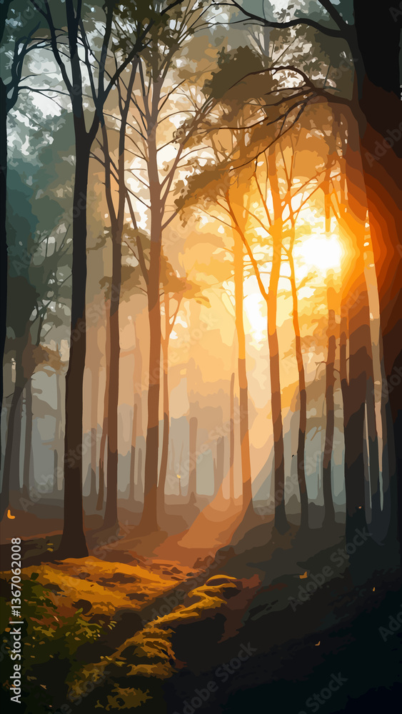 Fototapeta premium Magical Forest Sunrise with Glowing Butterflies