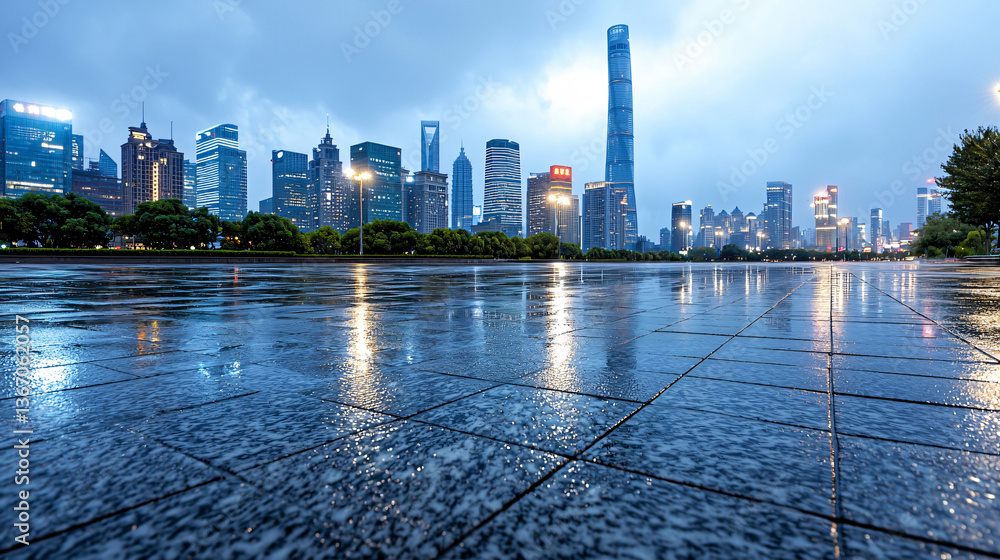 Fototapeta premium Wet Pavement Reflecting City Skyline at Dusk