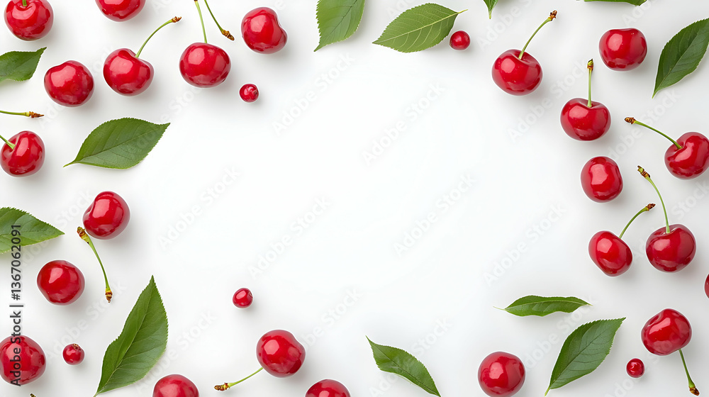 Fresh Red Cherries and Green Leaves on White Background Fresh Red Cherries and Green Leaves on White Background